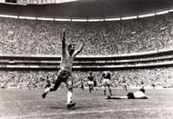 Sport. Football. 1970 World Cup Final. Mexico City. 21st June 1970. Brazil 4 v Italy 1. Brazil captain Carlos Alberto rounds of a great team display by scoring the fourth goal as he runs away to celebrate.